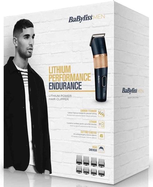 Машинка для стриження Babyliss, мережа+акум., вібраційний мотор, насадок-8, кейс, титан.напил., синій (E986E) 369288 фото