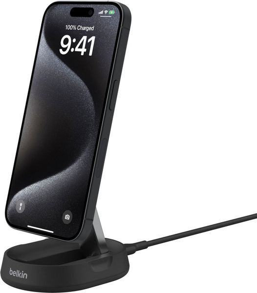 Зарядний пристрій бездротовий Belkin 15Вт Magnetic Stand Qi2, адаптер 20Вт USB-C, чорний (WIA008VFBK) 372381 фото
