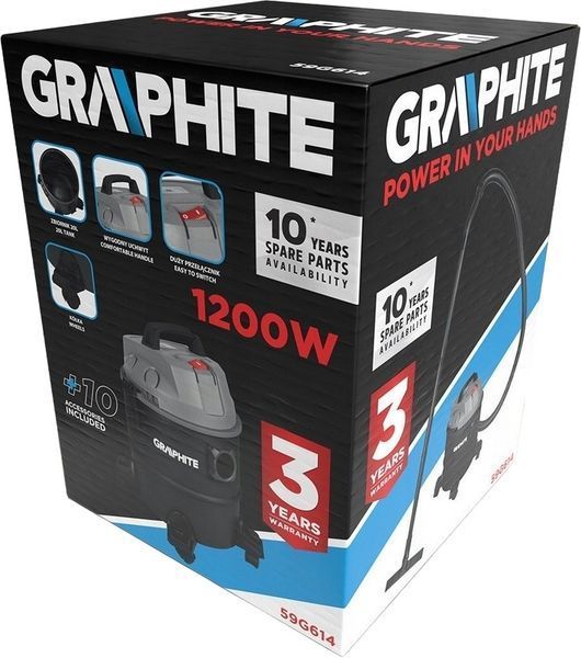 Пилосос професійний GRAPHITE, 1200Вт, 18кПа, контейнер 20л, розетка 220В/1200В, колеса (59G614) 374579 фото