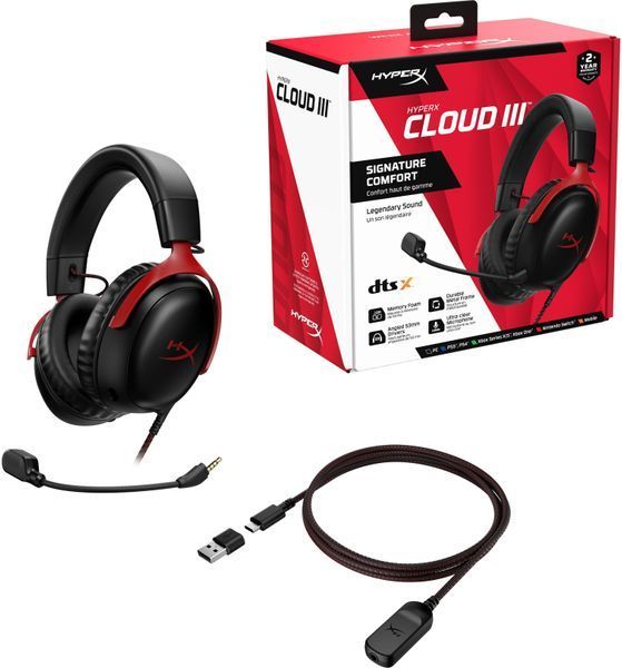Гарнітура ігрова HyperX Cloud III, mini-jack/USB-A/USB-C, 1.2м/1.3м, чорно-червоний (727A9AA) 364601 фото