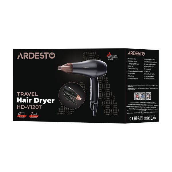 Фен Ardesto HD-Y120T, дорожній, 1200Вт, складна ручка, 2 швидкості, 2 темп. режими, чорний 367373 фото