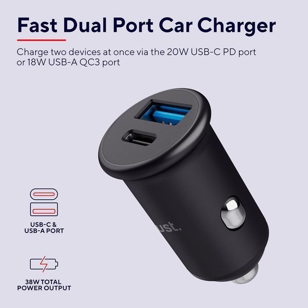 Зарядний пристрій автомобільний Trust 38Вт USB-A/USB-C PD, QC, чорний 364860 фото