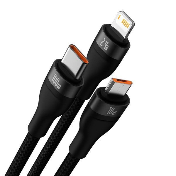 Кабель Baseus Flash SeriesⅡOne-for-three Fast Charging Data Cable USB To M+L+C 100W 1.2m (CASS030001) Black 266308 фото