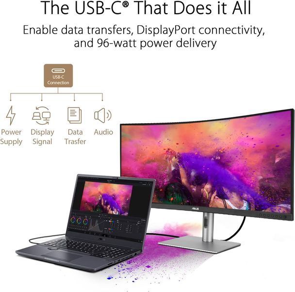 Монітор Asus 34.1" ProArt PA34VCNV 2xHDMI, 2xDP, USB-C, 2xUSB, RJ-45, MM, IPS, 3440x1440, 21:9, sRGB 100%, CURVED, AdaptiveSync, HAS, HDR10 365381 фото