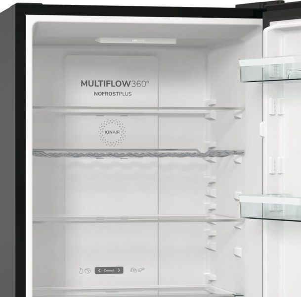 Холодильник з нижн. мороз. камерою Gorenje, 185х60х60см, 2 двері, 204(96)л, А++, NoFrost+ , LED дисплей, Зона св-ті, чорний (NRK6192ABK4) 376098 фото