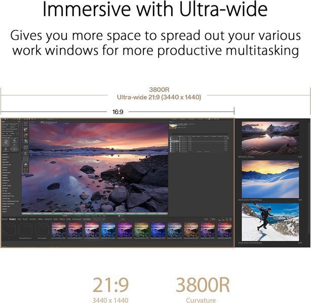 Монітор Asus 34.1" ProArt PA34VCNV 2xHDMI, 2xDP, USB-C, 2xUSB, RJ-45, MM, IPS, 3440x1440, 21:9, sRGB 100%, CURVED, AdaptiveSync, HAS, HDR10 365381 фото