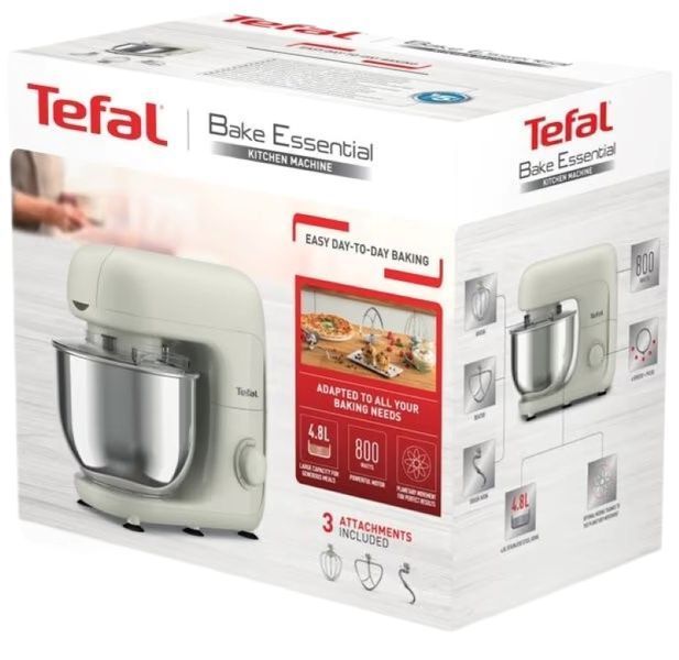 Міксер Tefal планетарний Bake Essential 800Вт, насадки-3, чаша-нерж., метал, 4.8л, білий (QB160138) 371481 фото