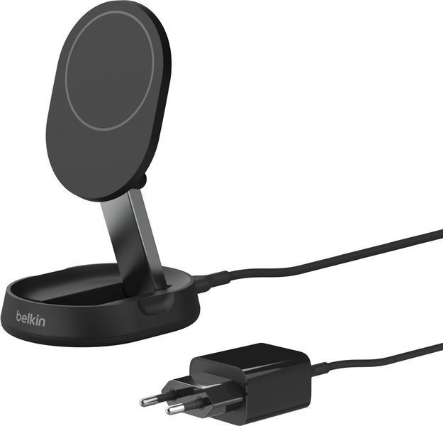 Зарядний пристрій бездротовий Belkin 15Вт Magnetic Stand Qi2, адаптер 20Вт USB-C, чорний (WIA008VFBK) 372381 фото
