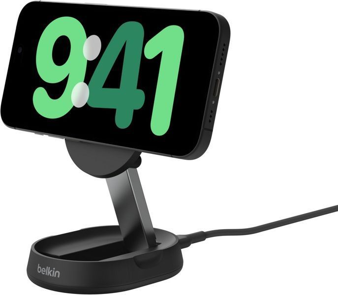 Зарядний пристрій бездротовий Belkin 15Вт Magnetic Stand Qi2, адаптер 20Вт USB-C, чорний (WIA008VFBK) 372381 фото