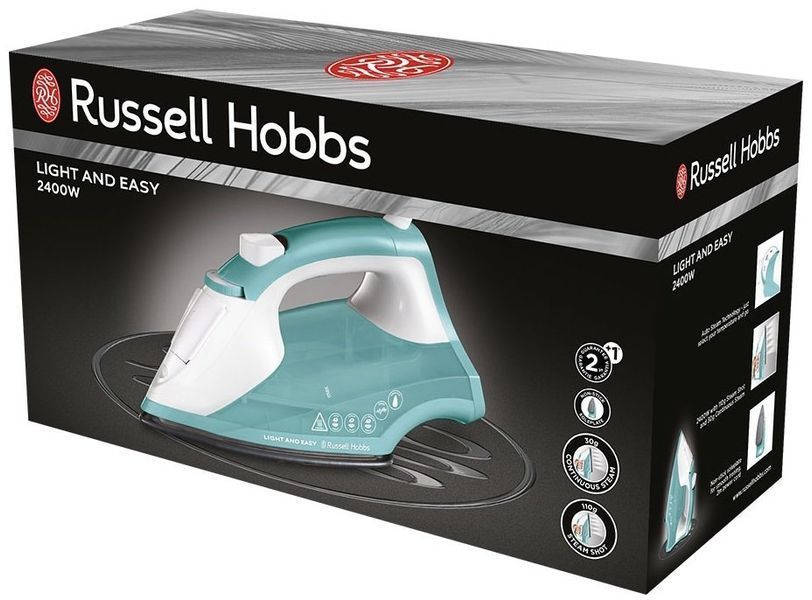 Праска Russell Hobbs Light & Easy, 2400Вт, 240мл, паровий удар -30гр, постійна пара - 110гр, Anti-calc, нерж. сталь, бірюзовий (26470-56) 373809 фото