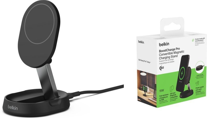 Зарядний пристрій бездротовий Belkin 15Вт Magnetic Stand Qi2, адаптер 20Вт USB-C, чорний (WIA008VFBK) 372381 фото