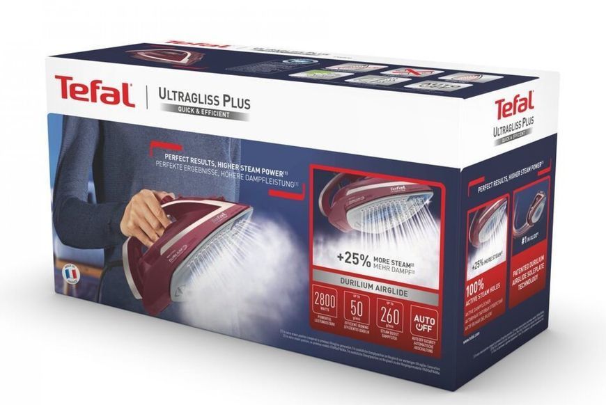 Праска Tefal Ultragliss Plus, 2800Вт, 270мл, паровий удар -260гр, постійна пара - 50гр, керам. підошва, бордовий (FV6820E0) 374197 фото