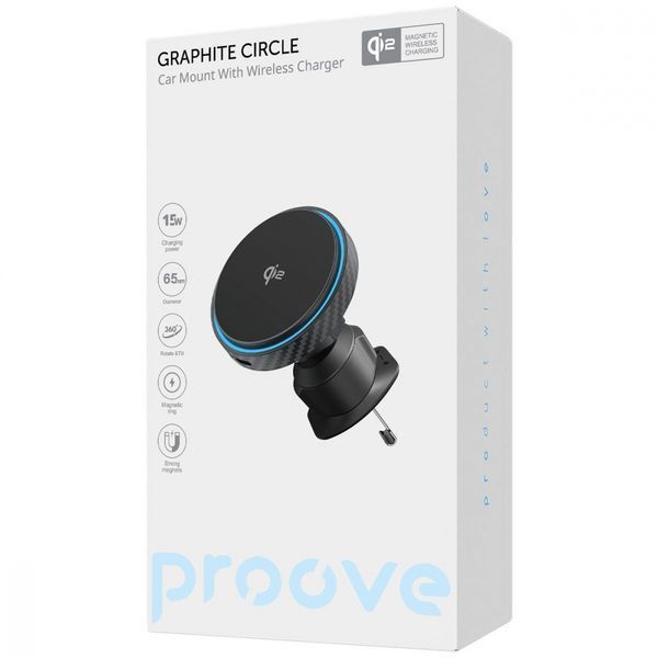 Автомобільний тримач з Бездротовим ЗП Proove Graphite Circle Qi2 15W (WHGC15010001) black 380683 фото