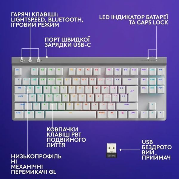 Клавіатура LOGITECH G515 LIGHTSPEED TKL Wireless Gaming, White (920-012539) 321868 фото