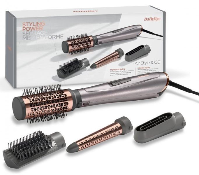 Фен-щітка Babyliss, 1000Вт, 2 режими, іоніз-я, хол. обдув, кераміка, сірий (AS136E) 367382 фото