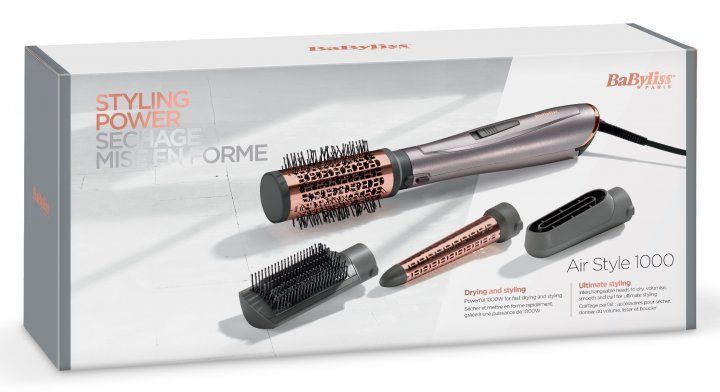 Фен-щітка Babyliss, 1000Вт, 2 режими, іоніз-я, хол. обдув, кераміка, сірий (AS136E) 367382 фото