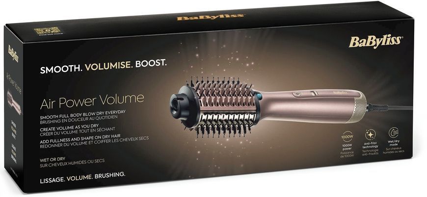 Фен-щітка Babyliss Air Power Volume, 1000Вт, 2 режими, дифузор, іоніз-я, хол. обдув, кераміка, рожевий (AS95E) 366184 фото