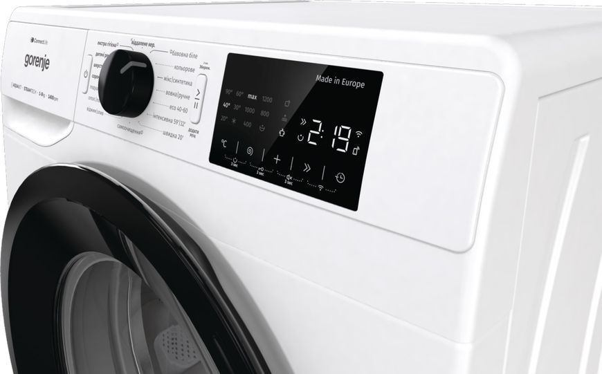 Пральна машина Gorenje фронтальна, 9кг, 1400, A+++, 46,5см, дисплей, інвертор, пара, Wi-Fi, білий (WPNEI94A1SWIFI) 374917 фото