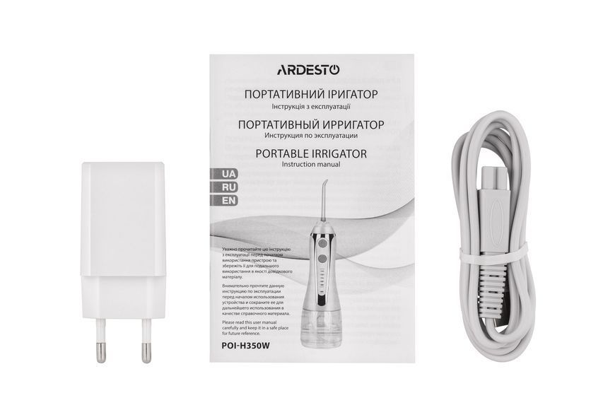 Іригатор Ardesto портативний, чаша 300 мл, Li-ion акум. в компл., чохол, 7 насадок, білий (POI-H350W) 370149 фото