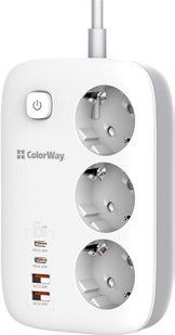 Фільтр живлення ColorWay CW-CHE34PDW GaN3 Pro PD 65W (2USB-A + 2 TYPE-C) 3 розетки, 4 USB, 2 м, білий 329480 фото