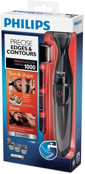 Тример Philips Multigroom series 1000, для бороди і вусів, 1хАА, насадок-4, сталь, чорний (MG1100/16) 371269 фото