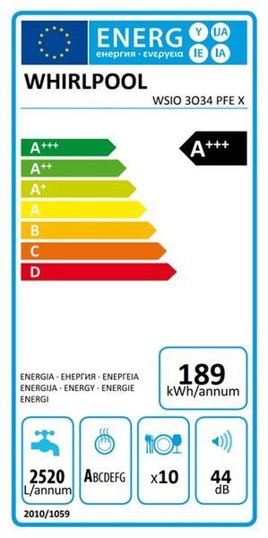 Посудомийна машина Whirlpool вбудована, 10компл., A+++, 45см, дисплей, інвертор, 3й кошик, білий (WSIO3O34PFEX) 374918 фото