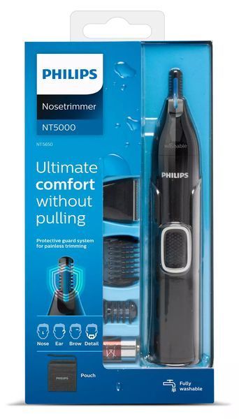 Тример Philips Series 5000, для бороди, вусів, окантовки, брови, носа та вух, 1хАА, насадок-4, чохол, сталь, чорний (NT5650/16) 368341 фото