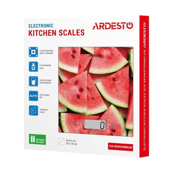 Ваги Ardesto кухонні Wаtermelon, 5кг, AAAx2 в комплекті, скло, багатокольоровий (SCK-893WATERMELON) 376114 фото