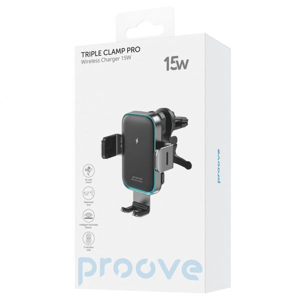 Автомобільний тримач З бездротовою зарядкою Proove Triple Clamp Pro 15W (WHTP15010004) Metal Gray 287199 фото