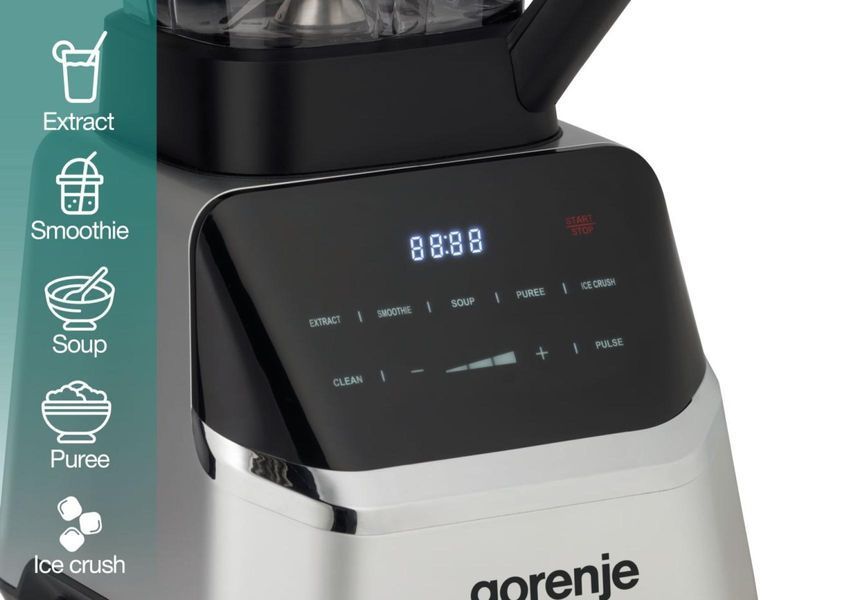 Блендер Gorenje стаціонарний 1500Вт, чаша-2000мл, дисплей, подрібнювач, чорний-нерж 399232 фото