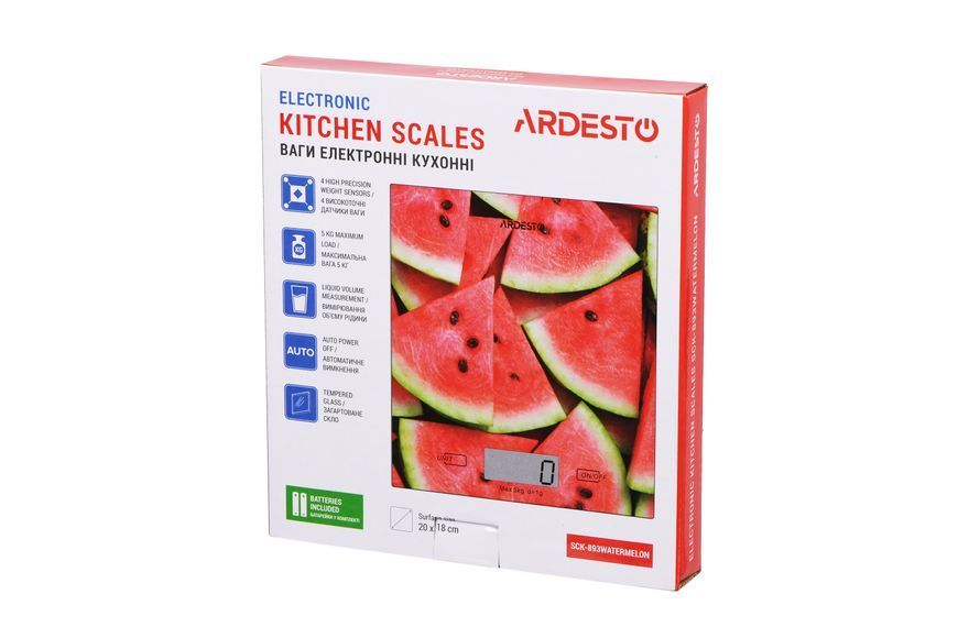 Ваги Ardesto кухонні Wаtermelon, 5кг, AAAx2 в комплекті, скло, багатокольоровий (SCK-893WATERMELON) 376114 фото