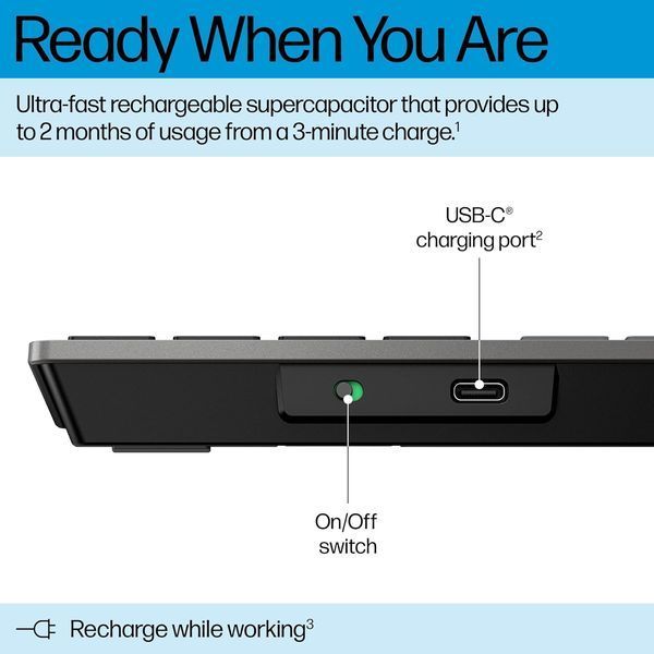 Клавіатура мембранна HP 720 Multi-Device Rechargeable, 109key, WL/BT, EN/UK, чорний (9T5B1AA) 366744 фото