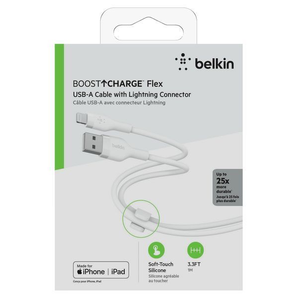 Кабель USB-A > Lightning заряджання/синхронізації Belkin 1м, силіконовий з кліпсою, білий (CAA008BT1MWH) 368190 фото