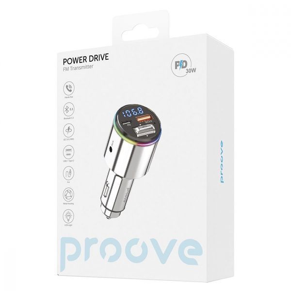 АЗП Proove FM Launcher Power Drive 30W (PD+QC3.0) Type-C+USB+AUX (FMPD30110006) silver 344376 фото