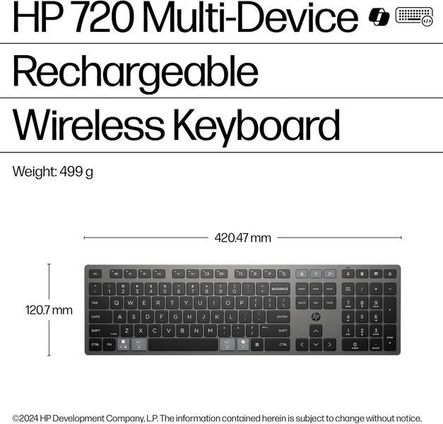 Клавіатура мембранна HP 720 Multi-Device Rechargeable, 109key, WL/BT, EN/UK, чорний (9T5B1AA) 366744 фото
