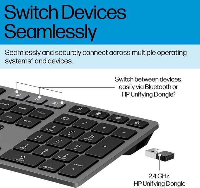 Клавіатура мембранна HP 720 Multi-Device Rechargeable, 109key, WL/BT, EN/UK, чорний (9T5B1AA) 366744 фото