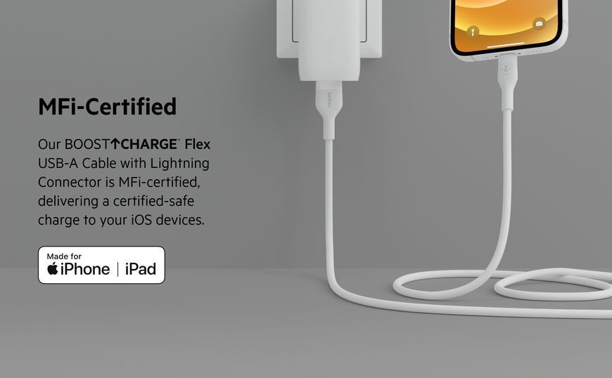 Кабель USB-A > Lightning заряджання/синхронізації Belkin 1м, силіконовий з кліпсою, білий (CAA008BT1MWH) 368190 фото
