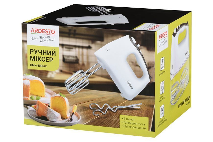 Міксер Ardesto ручний 400Вт, насадки-4, турборежим, білий (HMK-4006W) 367377 фото