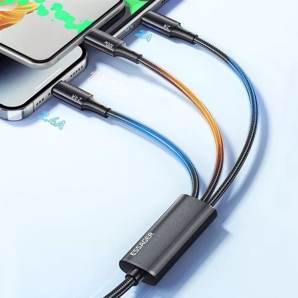 Кабель ESSAGER Simple 3 in 1 Micro+Type-c+Lightning 100W USB Cable 1.2M (EXCMTL-JJ01-P) 315326 фото