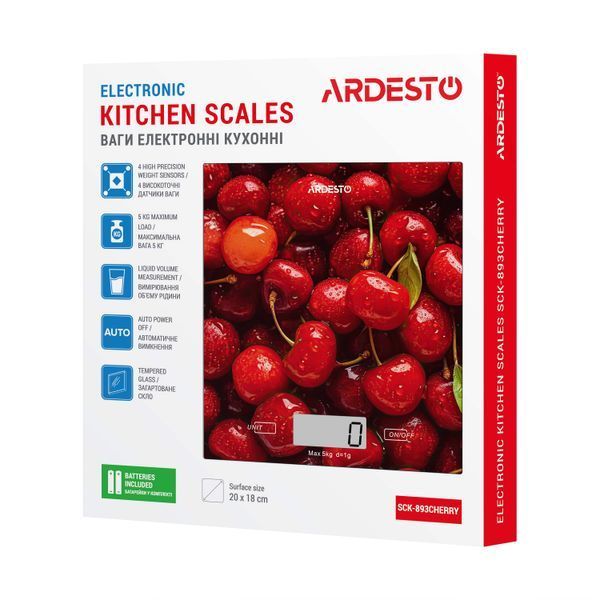Ваги Ardesto кухонні CHERRY, 5кг, AAAx2 в комплекті, скло, багатокольоровий (SCK-893CHERRY) 371528 фото