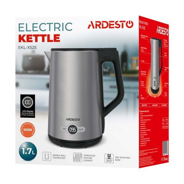 Електрочайник Ardesto Steel Collection 1.7л, Strix, LED дисплей, подвійні стінки, сріблястий (EKL-X52E) 368378 фото