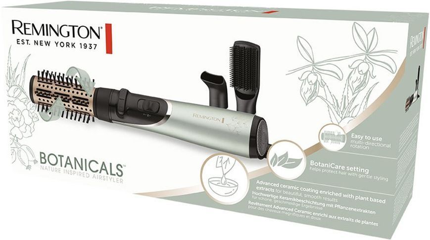 Фен-щітка Remington Botanicals, 800Вт, 2 режими, іоніз-я, оберт., хол. обдув, кераміка, м'ятно-чорний (AS5860) 366226 фото