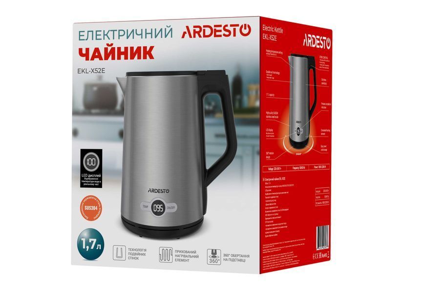 Електрочайник Ardesto Steel Collection 1.7л, Strix, LED дисплей, подвійні стінки, сріблястий (EKL-X52E) 368378 фото