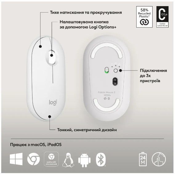 Миша LOGITECH Pebble Mouse 2 M350s - TONAL WHITE - BT 306998 фото