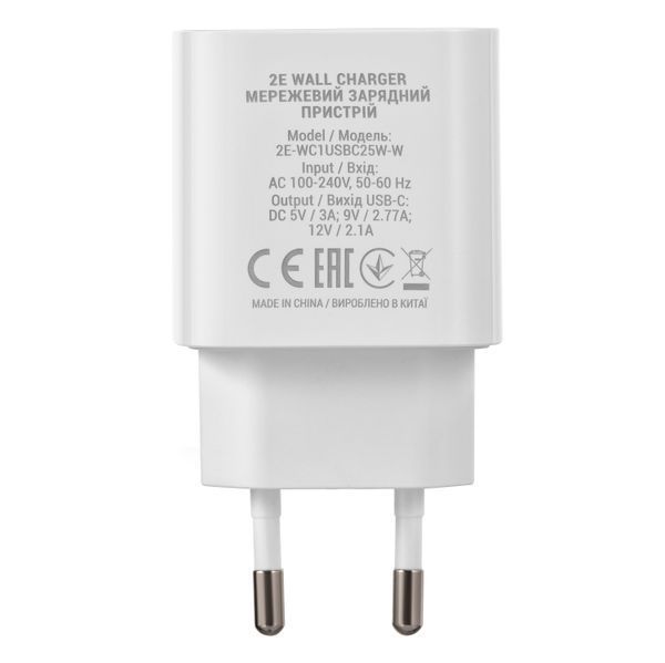 Зарядний пристрій мережевий 2E 25Вт USB-C PD, білий (2E-WC1USBC25W-W) 363904 фото