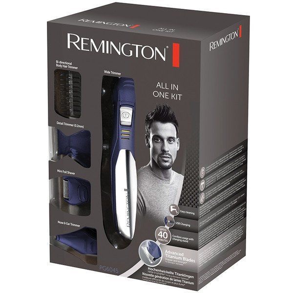Набір для стрижки Remington All in one kit, для бороди, вусів, голови і тіла, мережа+акум., насадок-11, титан.напил., синьо-сріблястий (PG6045) 372057 фото