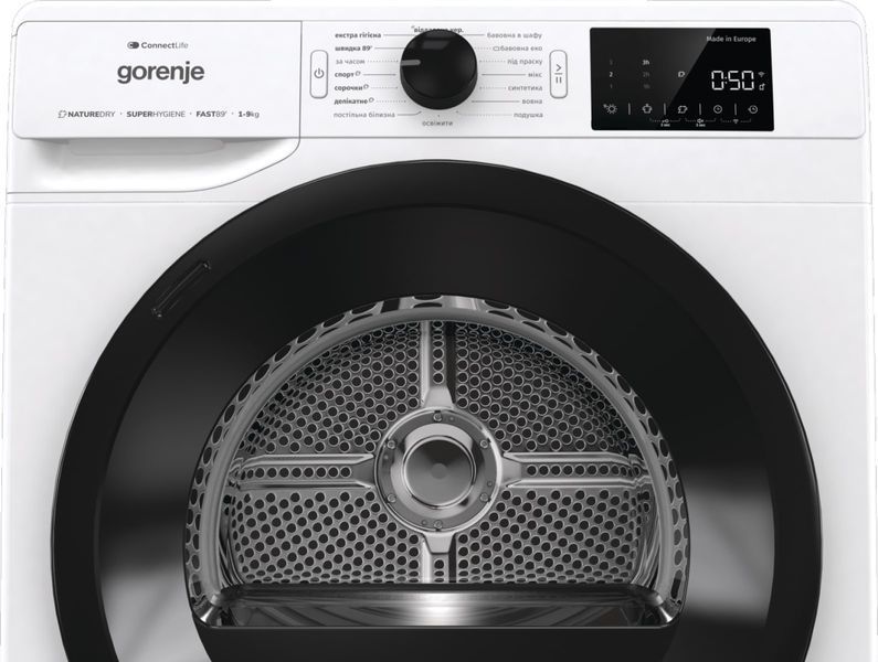 Сушильна машина Gorenje тепловий насос, 9кг, A++, 60см, дисплей, 16 програм, Wi-Fi, білий (DPNE92GNLWIFI) 375574 фото