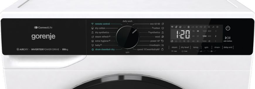 Прально-сушильна машина Gorenje фронтальна, 9(6)кг, 1400, A+, 55см, дисплей, інвертор, Wi-Fi, білий (WD2PA964ADW) 379923 фото