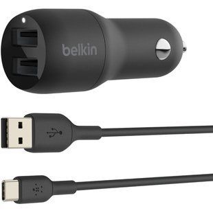 Зарядний пристрій автомобільний Belkin 24Вт 2хUSB-A, кабель USB-A > USB-C, 1м, чорний (CCE001BT1MBK) 366627 фото