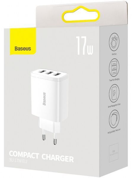 Зарядний Пристрій Baseus Compact 17W (3USB) (CCXJ020102) White 261199 фото
